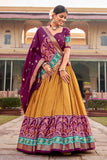 Art Silk Fabric Mustard Color Beatific Look Patola Style Foil Printed Lehenga.