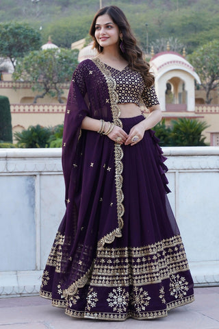 Attractive Function Wear Wine Color Sequins Work Georgette Lehenga Choli.