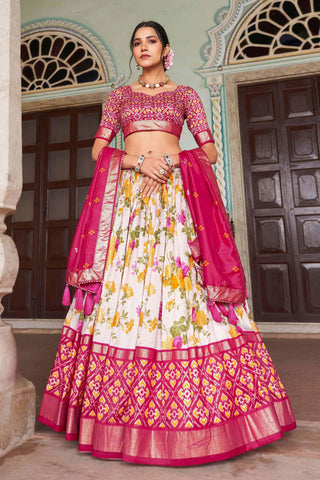 Trendy Multi Color Readymade Art Silk Lehenga With Floral and Patola Printed Work.