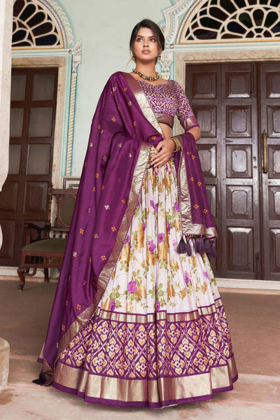 Soothing Floral and Patola Printed Multi Color Art Silk Fabric Readymade Lehenga.
