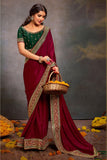Embellished Burgundy Color Border Work Satin Fabric Saree.