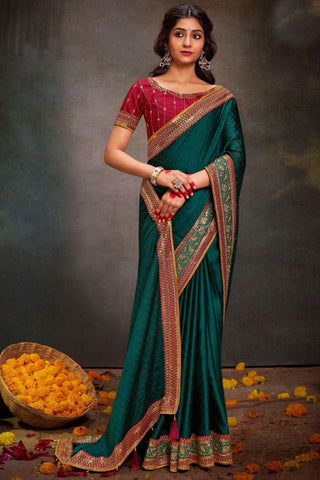 Dark Green Color Charismatic Border Work Satin Fabric Saree.