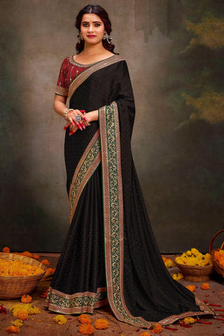 Ingenious Border Work Black Color Satin Fabric Saree.