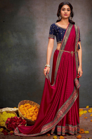 Fashionable Rani Color Border Work Satin Fabric Saree.