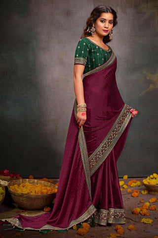 Glamorous Wine Color Border Work Satin Fabric Saree.
