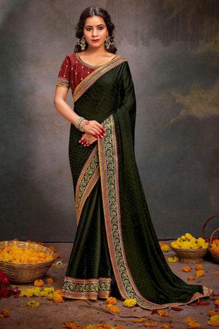 Green Color Glorious Border Work Satin Fabric Saree.