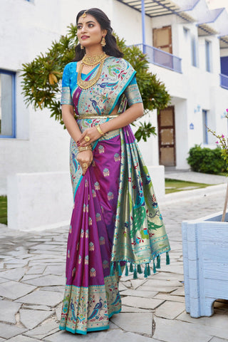 Artistic Paithani Silk Wine Color Meenakari Work Saree For Festivals - women's fashion mart