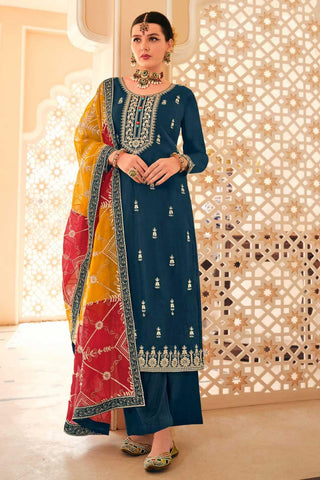 Alluring Chinon Fabric Teal Color Pakistani Style Suit - women's fashion mart