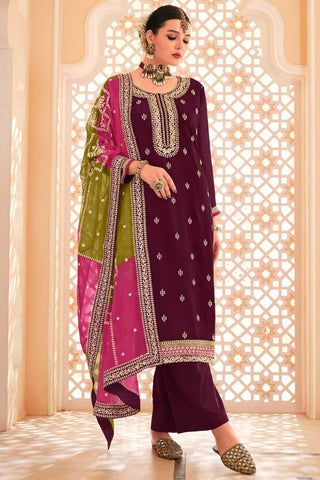 Excellent Chinon Fabric Wine Color Pakistani Style Suit - women's fashion mart
