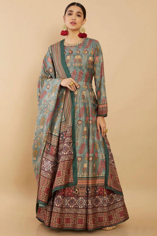 Art Silk Fabric Reception Wear Digital Print Readymade Long Anarkali Style Gown In Sea Green Color.