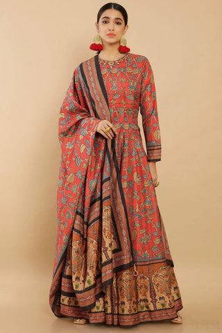 Red Color Art Silk Fabric Fancy Digital Print Function Wear Readymade Long Anarkali Style Gown.