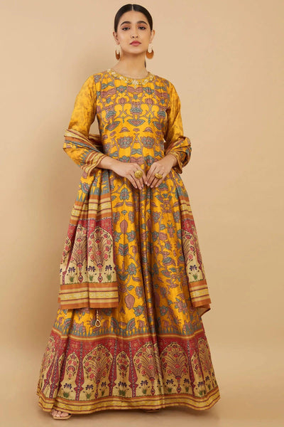 Art Silk Fabric Yellow Color Festive Wear Digital Print Readymade Long Anarkali Style Gown.