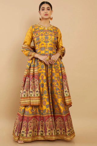 Art Silk Fabric Yellow Color Festive Wear Digital Print Readymade Long Anarkali Style Gown.