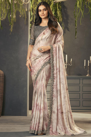 Peach Color Satin Fabric Lace Border Work Party Wear Saree With Embroidered Blouse.