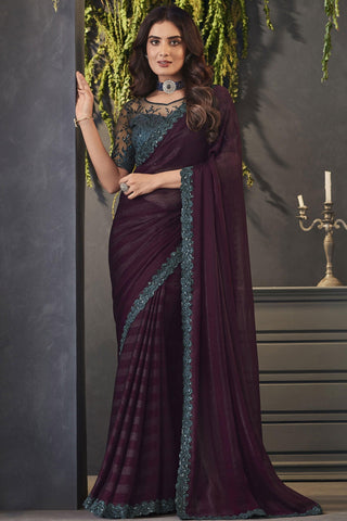 Chiffon Fabric Lace Border Work Rich Wine Color Party Wear Saree With Embroidered Blouse.