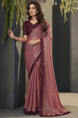 Peach Color Lace Border Work Chiffon Fabric Party Wear Saree With Embroidered Blouse.