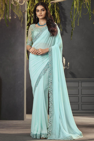 Sea Green Color Stylish Lace Border Work Georgette Fabric Saree With Embroidered Blouse.