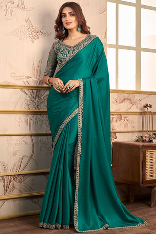 Satin Cyan Color Stylish Saree With Heavy Embroidered Blouse.