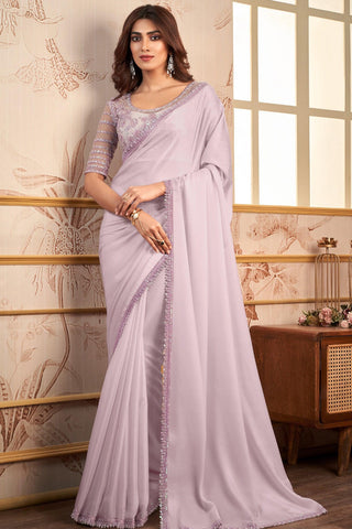 Silk Lace Work Lavender Color Pretty Saree With Heavy Embroidered Blouse.