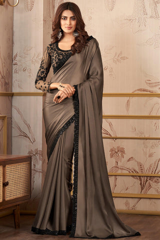 Radiant Brown Color Satin Lace Work Saree With Heavy Embroidered Blouse.