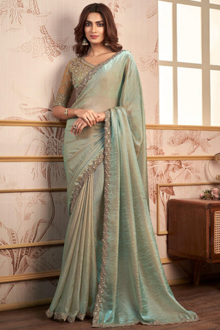 Tempting Silk Sea Green Color Lace Work Saree With Heavy Embroidered Blouse.