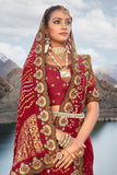 Creative Pure Gajji Bandhani Maroon Color Satin Saree With Heavy Embroidered Silk Blouse.