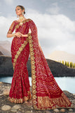 Creative Pure Gajji Bandhani Maroon Color Satin Saree With Heavy Embroidered Silk Blouse.