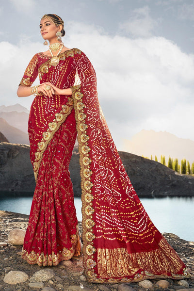 Creative Pure Gajji Bandhani Maroon Color Satin Saree With Heavy Embroidered Silk Blouse.