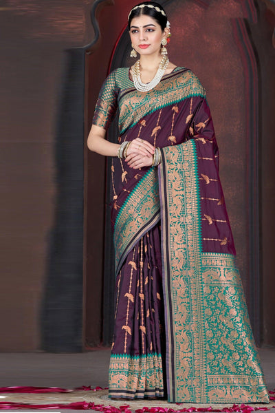 Wine Color Weaving Design Pleasant Function Wear Silk Saree.