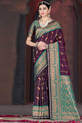 Wine Color Weaving Design Pleasant Function Wear Silk Saree.