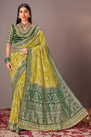 Yellow Color Gorgeous Silk Saree With Heavy Embroidered Velvet Blouse.