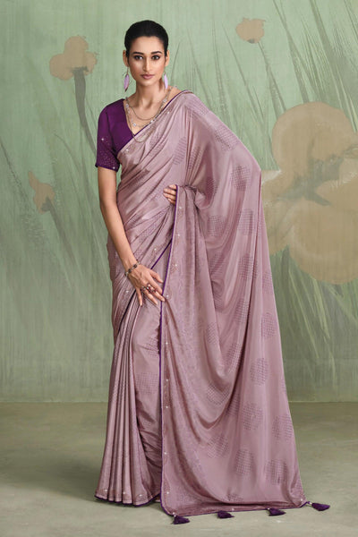 Tempting Satin Crepe Lavender Color Saree With Contrast Blouse.