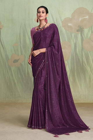 Alluring Purple Color Satin Crepe Saree With Contrast Blouse.