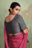 Appealing Satin Crepe Pink Color Saree With Contrast Blouse.