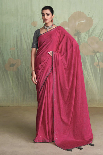 Appealing Satin Crepe Pink Color Saree With Contrast Blouse.