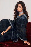 Navy Blue Color Wonderful Embroidered And Stone Work Saree In Brasso Fabric.