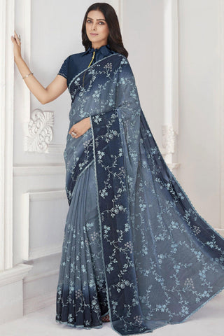 Beguiling Embroidered Work On Grey Color Chiffon Fabric Saree.