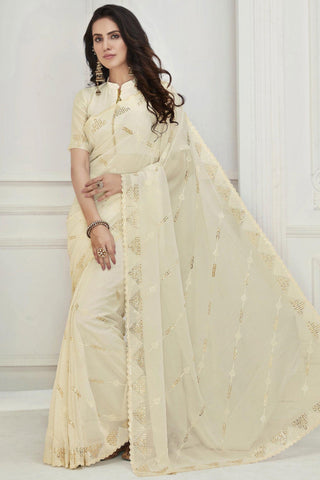 Tempting Georgette Fabric Off White Color Saree With Embroidered Work.