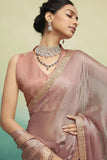 Beautiful Chiffon Fabric Peach Lace Border Work Saree With Embroidered Blouse.