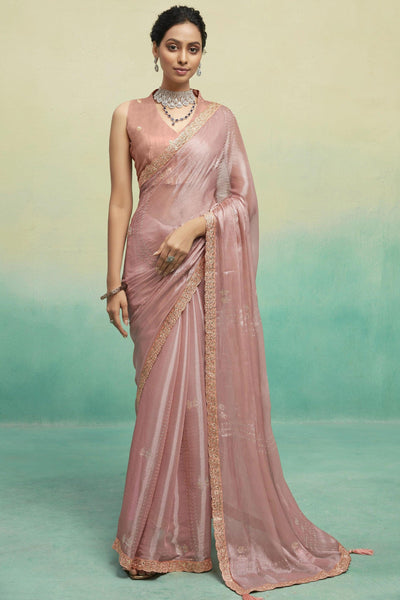 Beautiful Chiffon Fabric Peach Lace Border Work Saree With Embroidered Blouse.