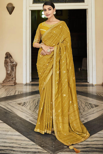 Mustard Color Party Wear silk Saree With Embroidered Designer Blouse.