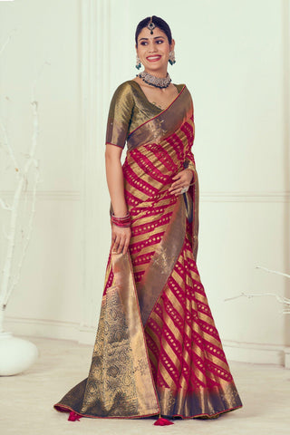 Pink Color Organza Fabric Patterned Weaving And Stone Work Saree.