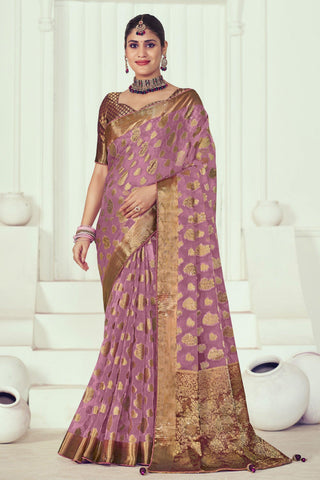 Lavender Color Organza Fabric Precious Weaving And Stone Work Saree.