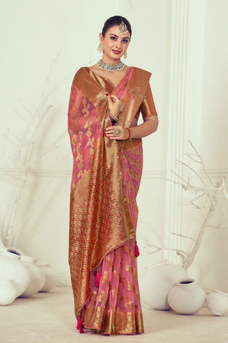 Pink Color Engrossing Weaving And Stone Work Saree In Organza Fabric.