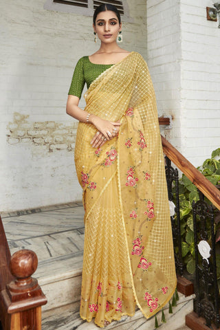 Yellow Color Party Style Embroidered and Stone Work Incredible Organza Saree.