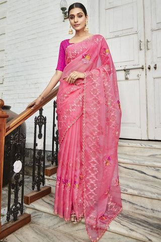 Pink Color Party Style Embroidered and Stone Work Charismatic Organza Saree.