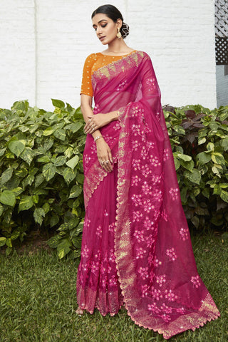 Pink Color Embroidered and Stone Work Party Style Miraculous Organza Saree.