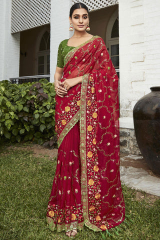 Red Color Embroidered and Stone Work Party Style Luminous Organza Saree.