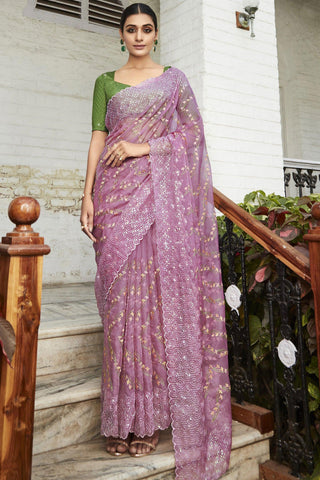 Purple Color Embroidered and Stone Work Party Style Adroit Organza Saree.