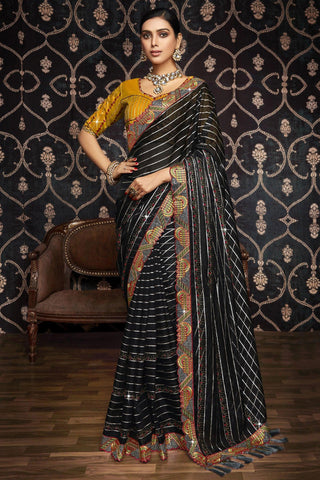 Tempting Organza Fabric Black Color Saree With Border Work.